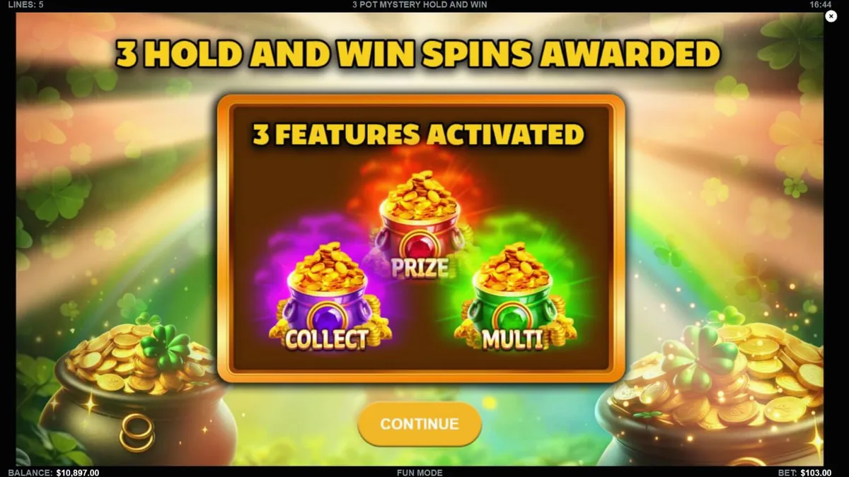 Tampilan visual slot 3 Pot Mystery Hold and Win dengan simbol emas dan pot misterius