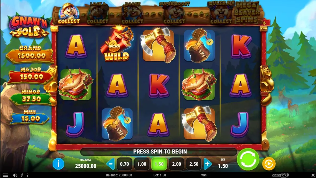 Pemandangan hutan yang indah dengan karakter berang-berang di slot Gnaw’n Gold.