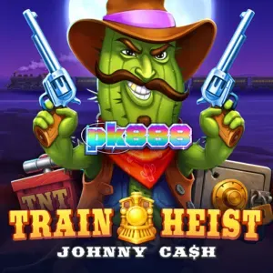 Tampilan visual slot Train Heist Johnny Cash dengan latar belakang kereta api Wild West